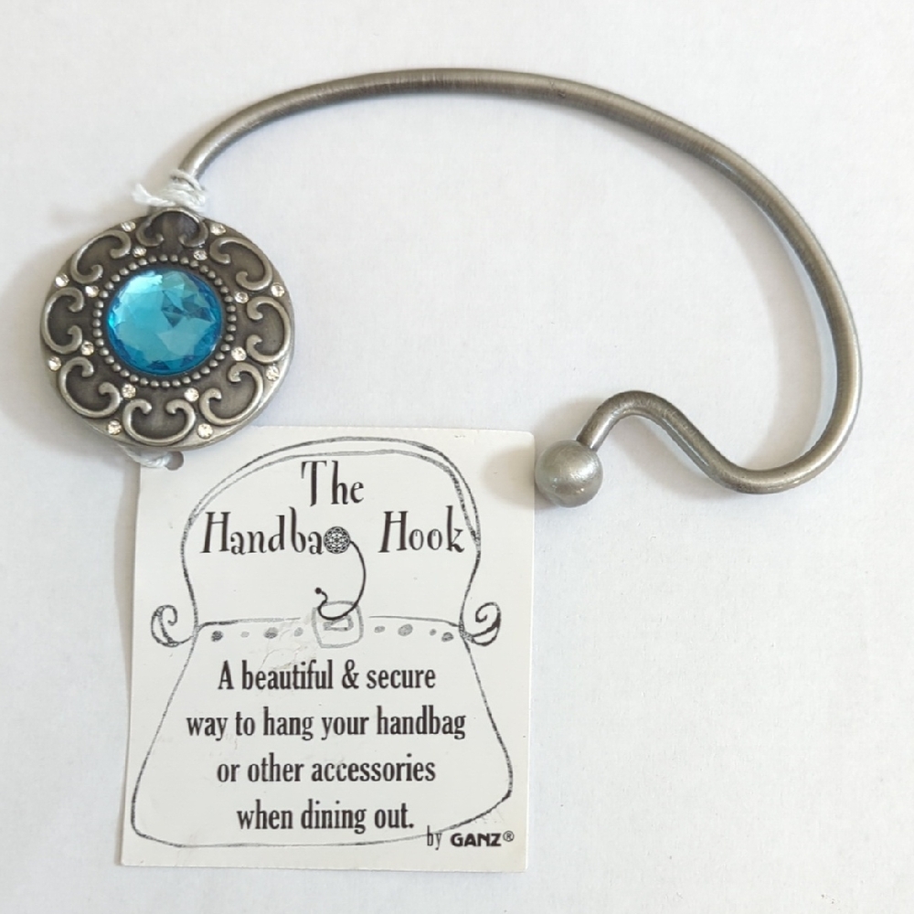 Ganz Victorian Themed Silver Tone Handbag Hook with Faux Faceted Aquamarine Gem